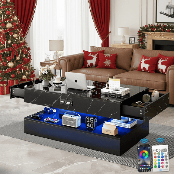 PAPROOS LED Black Coffee Table with 2 Storage Drawers, 47" Modern High Glossy Coffee Tables with Charging Station&Open Shelf, 2 Tiers Large Modern Center Table with Marbling Print for Living Room