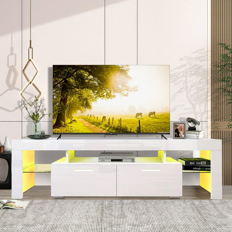 PAPROOS TV Stand for 55 Inch TV, Modern High Gloss TV Cabinet with RGB LED  Lights, Living Room TV Console Table with Storage Drawers and Glass