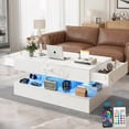 thumbnail image 1 of PAPROOS LED White Coffee Table 47" with 2 Drawers & Charging Station – Modern High Gloss Center Table with Storage&Open Shelf, Large Rectangle Living Room Coffee Table with Marble Print, 1 of 14