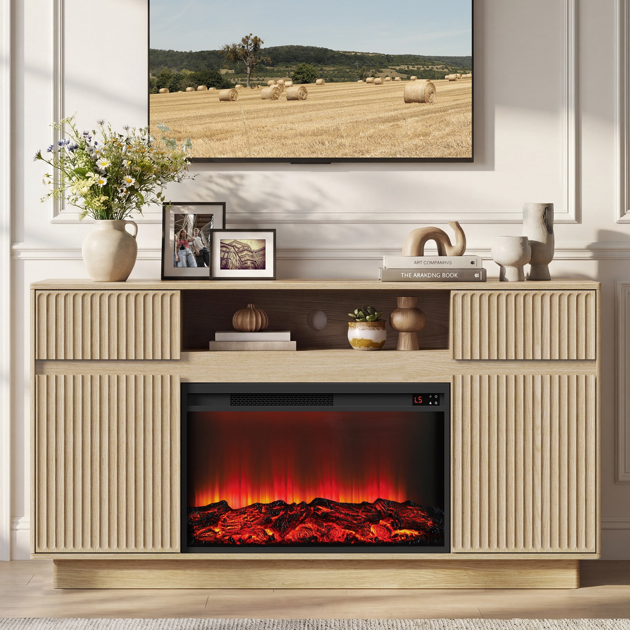 PAPROOS Fireplace TV Stand for 70 Inch TV, 64'' Wide Wood TV Cabinet with 30'' Electric Fireplace, Modern Fluted Entertainment Center TV Console Table for Living Room, Natural Oak