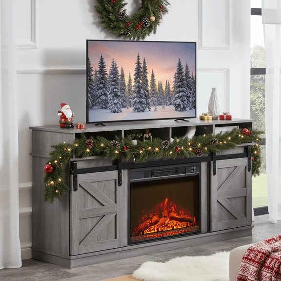 PAPROOS Fireplace TV Stand for 65 Inch TV, Barn Door Farmhouse TV Cabinet with 23'' Electric Fireplace, Entertainment Center Television Console Table for Living Room, Grey