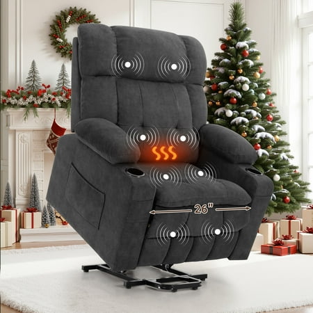 PAPROOS Large Power Lift Recliner Chair with Massage and Heat for Elderly Big and Tall People, Overstuffed Wide Recliners with 2 Cup Holders, Side Pocket for Living Room, Single Sofa, Grey
