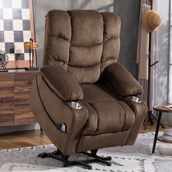 Power Lift Recliner Chair, Paproos Power Lift Recliner with Massage and Heat for Elderly, Reclining Sofa with Cup Holders & Side Pockets for Living Room, Velvet Fabric, Brown