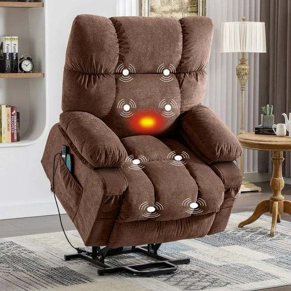 PAPROOS Lift Chairs for Elderly, Electric Massage Lift Recliner with Heating and Vibration Functions, Heavy Duty Fabric Lounge Sofa with USB Charge Port and Side Pockets, Brown