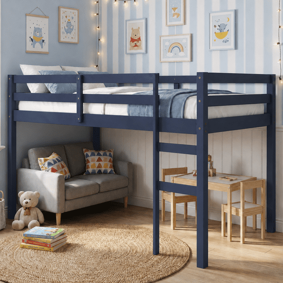UHOMEPRO Twin Size Loft Bed, Solid Wood Loft Bed Frame with Wooden Slats, Modern Low Loft Bed for Boys Girls, No Box Spring Needed, Blue