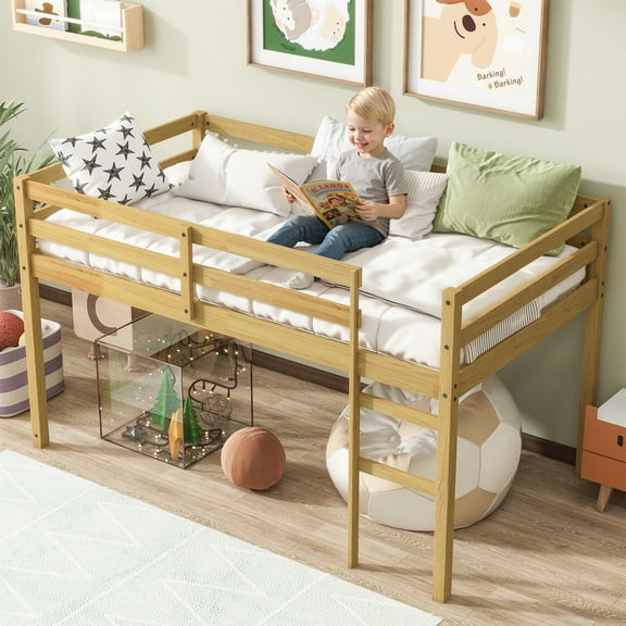 UHOMEPRO Twin Size Loft Bed, Solid Wood Loft Bed Frame with Wooden Slats, Modern Low Loft Bed for Boys Girls, No Box Spring Needed, Natural