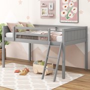 PAPROOS Loft Beds for Kids, Twin Size Wood Loft Bed Frame with Safety Guardrail and Ladder, No Box Spring Needed, Twin Low Loft Bed for Boys Girls, Easy Assembly, Gray