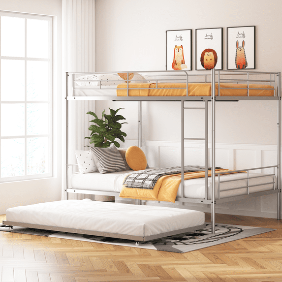 PAPROOS Metal Bunk Bed with Trundle, Heavy Duty Full Over Full Bunk Bed Frame with 2 Ladders and Full-Length Guardrails, Bunk Bed No Box Spring Needed (Silver)