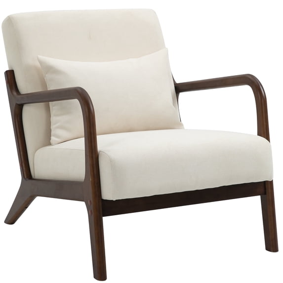 PAPROOS Mid-Century Modern Accent Chair, Velvet Fabric Arm Chair with Wood Frame and Pillow, Upholstered Armchair Comfort Reading Chair Lounge Chair for Living Room Bedroom Sunroom, Beige