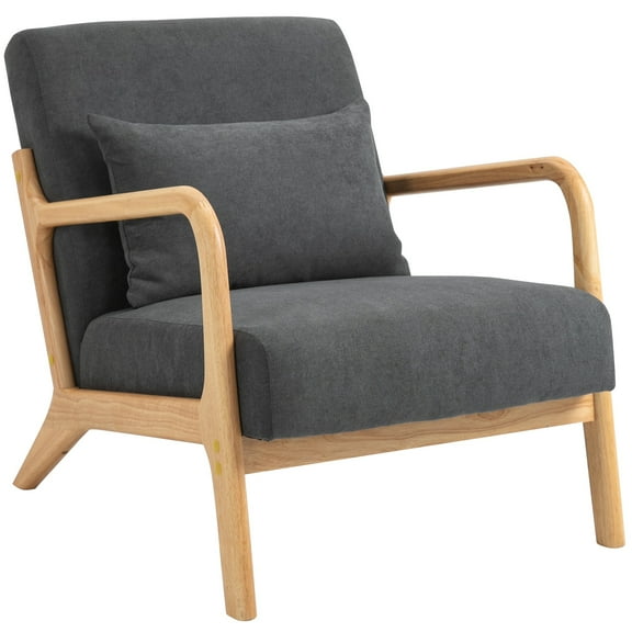 PAPROOS Mid-Century Modern Accent Chair, Velvet Fabric Arm Chair with Wood Frame and Pillow, Upholstered Armchair Comfort Reading Chair Lounge Chair for Living Room Bedroom Sunroom, Gray