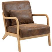 PAPROOS Mid-Century Modern Accent Chair, PU Leather Arm Chair with Wood Frame and Pillow, Upholstered Armchair Comfort Reading Chair Lounge Chair for Living Room Bedroom Sunroom, Brown