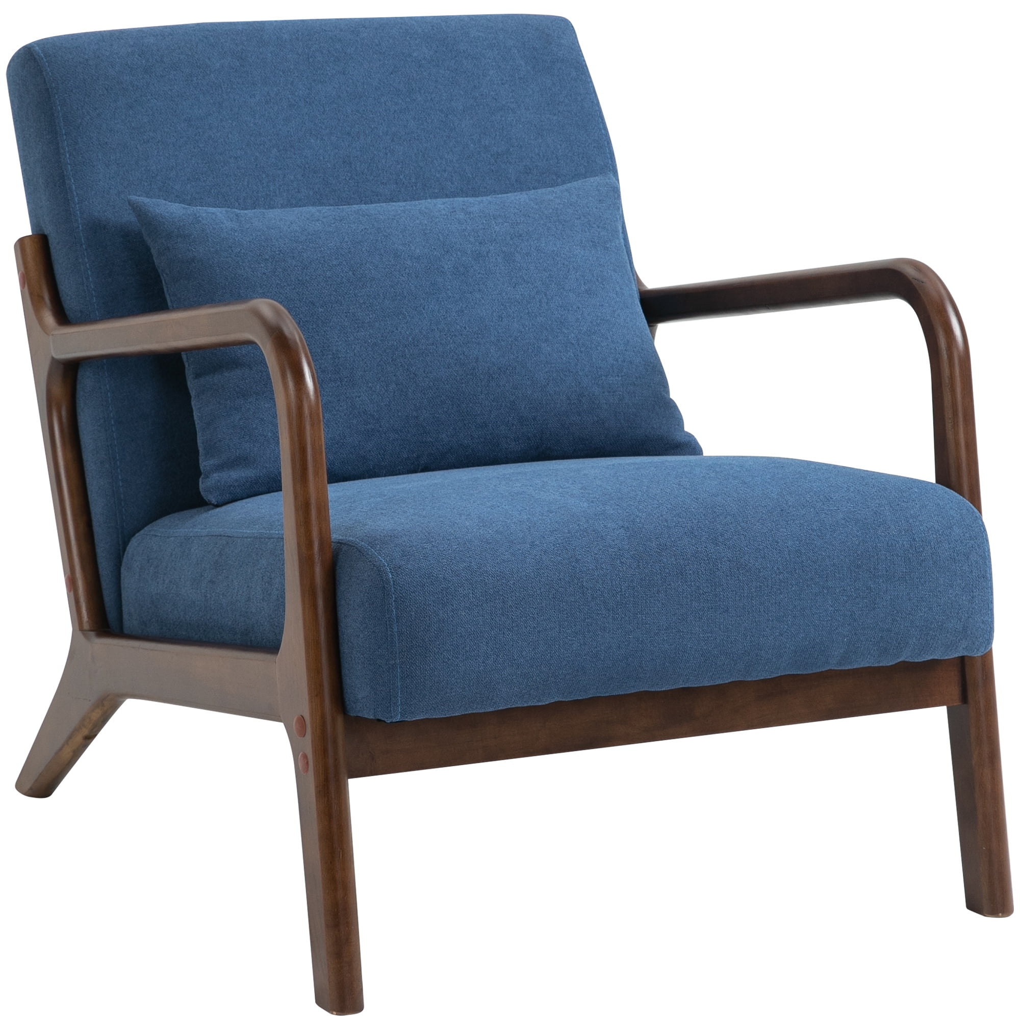 PAPROOS Mid-Century Modern Accent Chair, Velvet Fabric Arm Chair with Wood Frame and Pillow, Upholstered Armchair Comfort Reading Chair Lounge Chair for Living Room Bedroom Sunroom, Navy