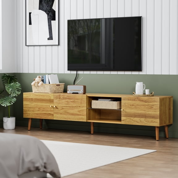 Paproos TV Stand for 70 inch TV, Mid Century TV Cabinet with 3 Doors, TV Console Table with Storage Cabinets, Media Console Table Entertainment Center with Open Shelve for Living Room, Office, Oak