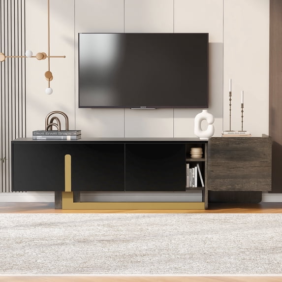 Paproos TV Stand for 70 inch tv, TV Cabinet with Drawer & Door, Living Room TV Console Entertainment Center with Open Shelves, Media Console Table Television Stand for Living Room, Black & Brown