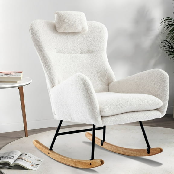 PAPROOS Modern Teddy Fabric Rocking Chair, Accent Rocker Chair with High Backrest for Nursery, Accent Glider Rocker for Living Room Bedroom Playroom, White