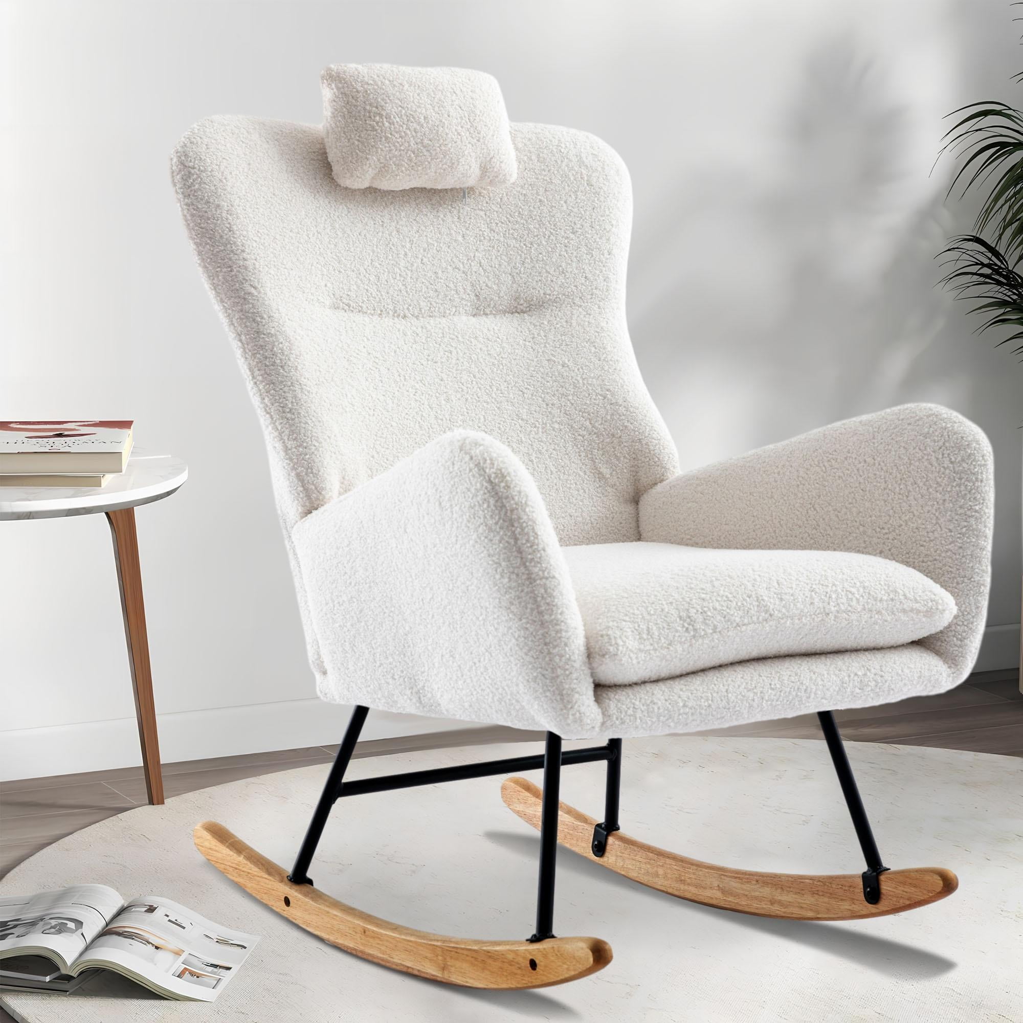PAPROOS Modern Teddy Fabric Rocking Chair, Accent Rocker Chair with High Backrest for Nursery, Accent Glider Rocker for Living Room Bedroom Playroom，White