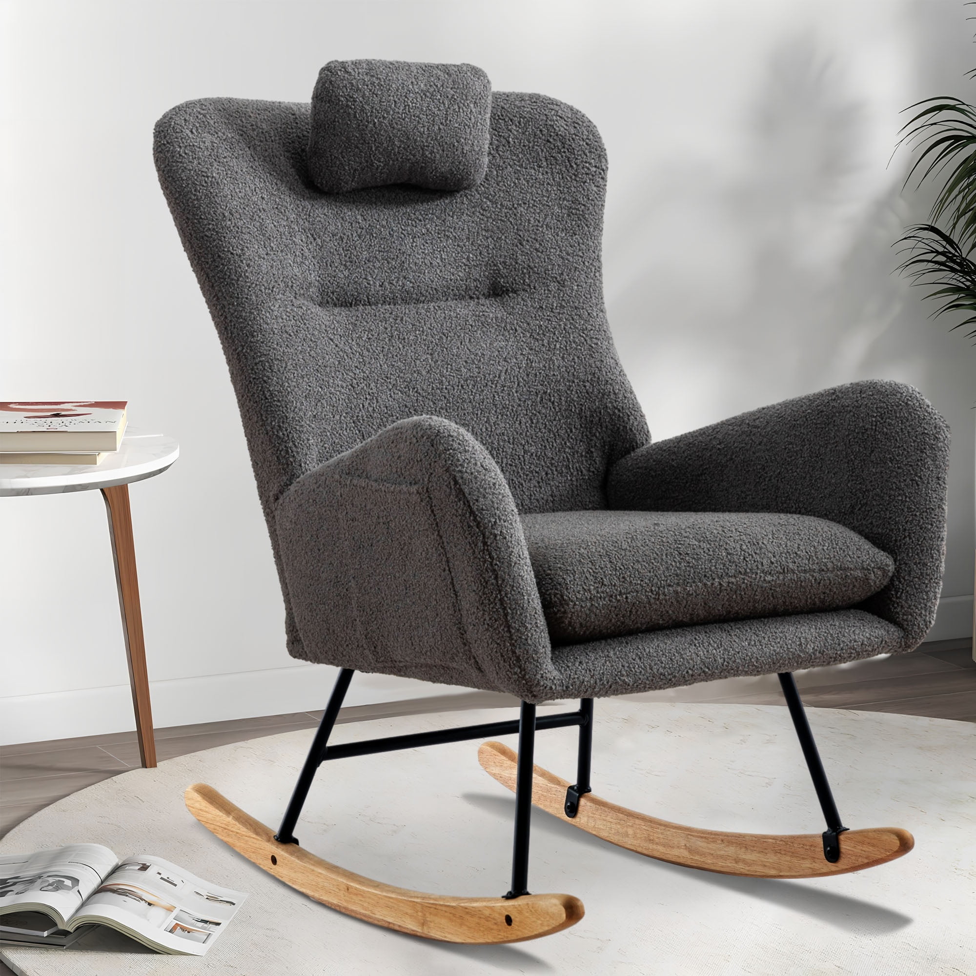 PAPROOS Modern Teddy Fabric Rocking Chair, Accent Rocker Chair with High Backrest for Nursery, Accent Glider Rocker for Living Room Bedroom Playroom，Gray