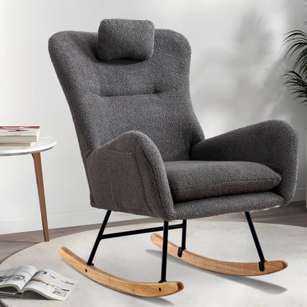 PAPROOS Modern Teddy Fabric Rocking Chair, Accent Rocker Chair with High Backrest for Nursery, Accent Glider Rocker for Living Room Bedroom Playroom，Gray