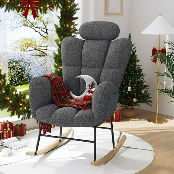 UHOMEPRO Modern Teddy Fabric Rocking Chair, Accent Rocker Chair with High Backrest, Accent Glider Rocker for Living Room Bedroom Playroom, Gray