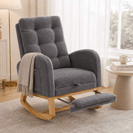 UHOMEPRO Modern Teddy Fabric Rocking Chair, Accent Rocker Chair with High Backrest, Accent Glider Rocker for Living Room Bedroom Playroom, Gray