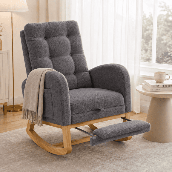 UHOMEPRO Upgraded Rocking Chair for Nursery, Modern Teddy Glider Rocker Chair with Footrest, High Backrest, Solid Wood Frame, Gray