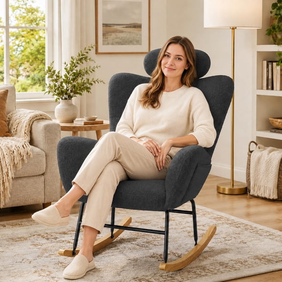 UHOMEPRO Modern Teddy Fabric Rocking Chair, Accent Rocker Chair with High Backrest, Accent Glider Rocker for Living Room Bedroom Playroom, Gray