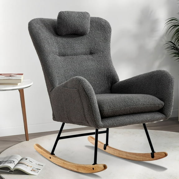 UHOMEPRO Modern Teddy Fabric Rocking Chair, Accent Rocker Chair with High Backrest, Accent Glider Rocker for Living Room Bedroom Playroom, Gray