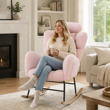 UHOMEPRO Modern Teddy Fabric Rocking Chair, Accent Rocker Chair with High Backrest, Accent Glider Rocker for Living Room Bedroom Playroom, Pink