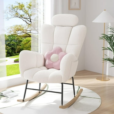 PAPROOS Modern Teddy Fabric Rocking Chair, Accent Rocker Chair with High Backrest, Accent Glider Rocker for Living Room Bedroom Playroom, White