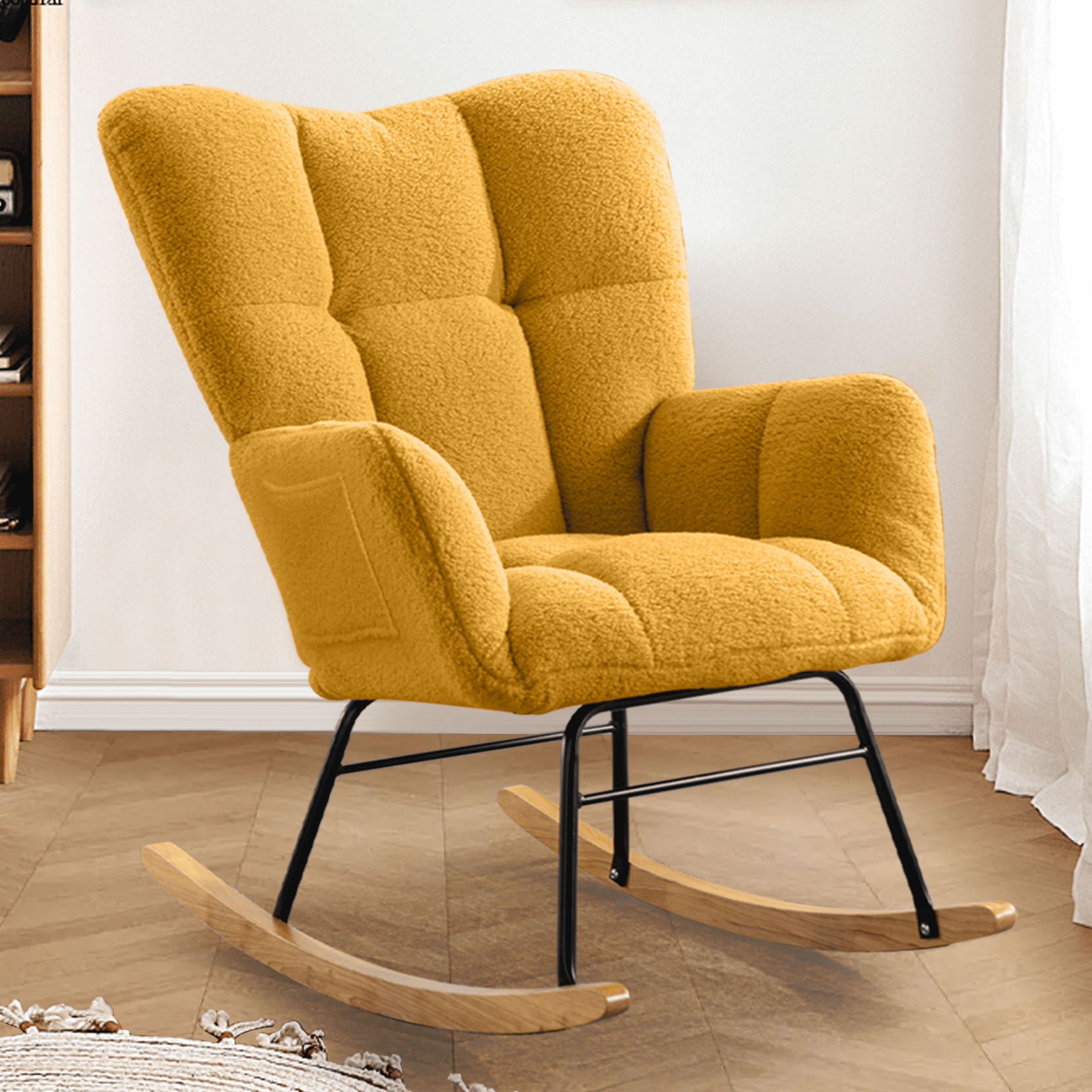 PAPROOS Modern Teddy Fabric Rocking Chair, Accent Rocker Chair with High Backrest, Accent Glider Rocker for Living Room Bedroom Playroom，Yellow