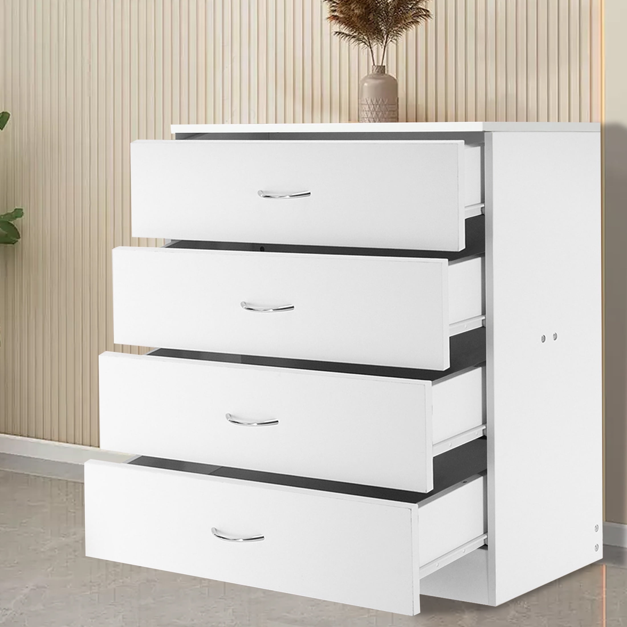 PAPROOS Modern White 4 Drawer Dresser, Chest of Drawers for Bedroom, Storage Cabinet Dresser Organizer Unit with Handle for Living Room, Closet, Hallway