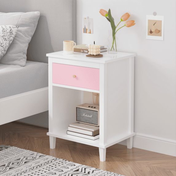 PAPROOS Nightstand, End Table Side Table with Wooden Drawer, Bedside Table for Bedroom, Closet, Dorm, Pink - 1PC