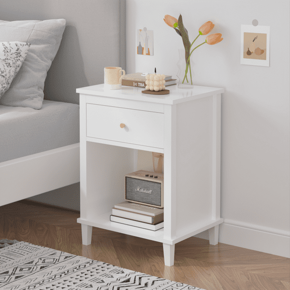 PAPROOS Nightstand, End Table Side Table with Wooden Drawer, Bedside Table for Bedroom, Closet, Dorm, White - 1PC