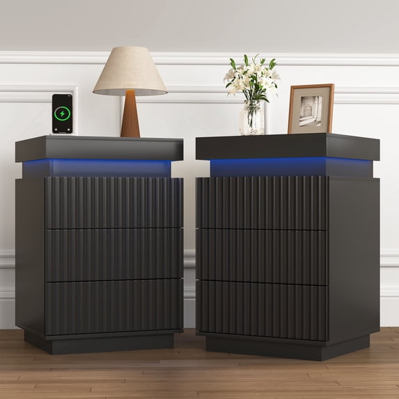 PAPROOS Nightstand Set of 2 with Charging Station and LED Lights, 3 Drawer Nightstand with Sliding Top Hidden Storage, Modern Fluted Bedside Tables with USB-C Port & Outlets for Bedroom, Black