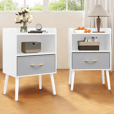 PAPROOS Nightstand Set of 2, Bedside Table with Metal Legs, Modern End Side Table with a Fabric Drawer and Shelf, Versatile Nightstand for Bedroom Sofa Entryway, White+Gray