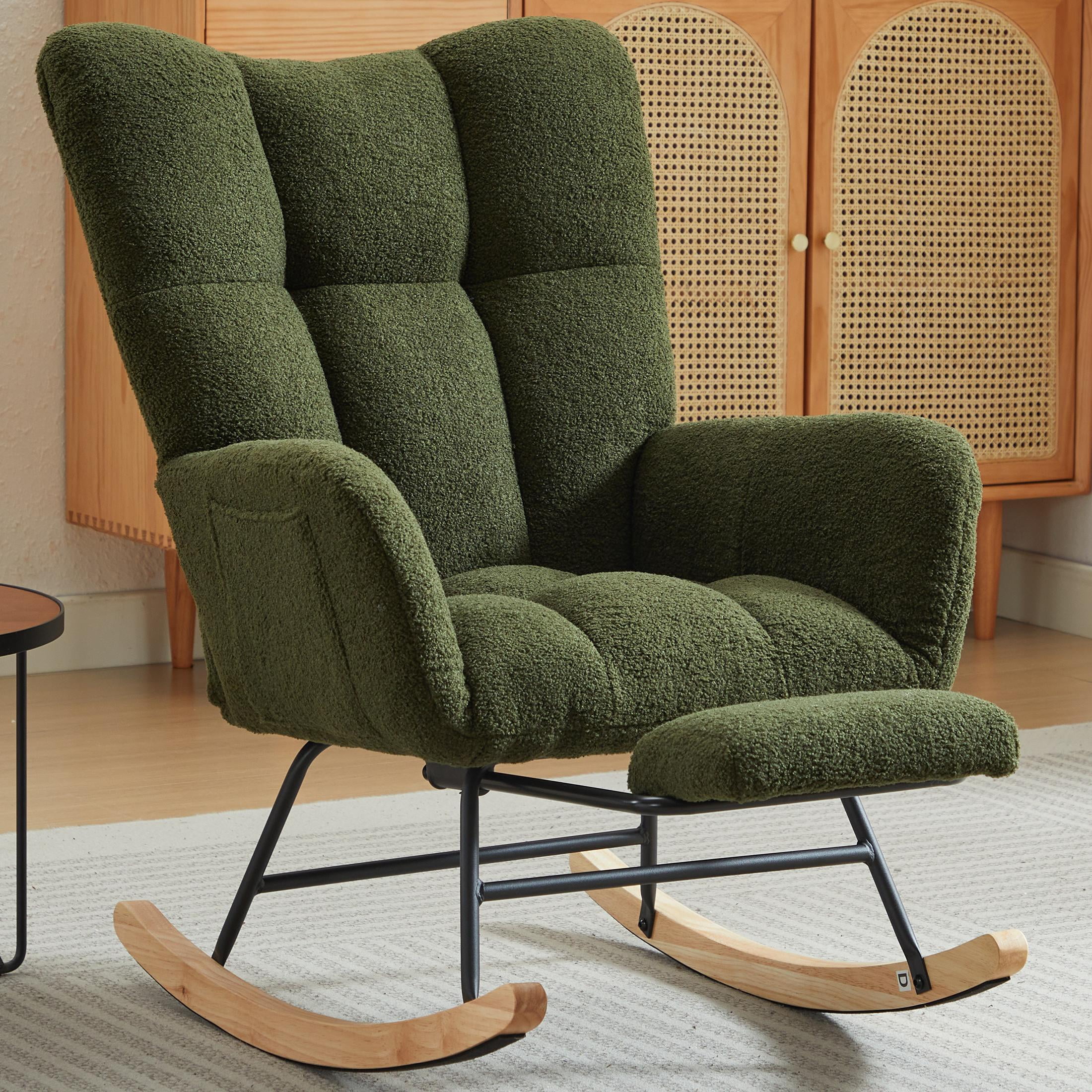 PAPROOS Rocking Nursery Chair with Footrest, Upholstered Glider Chair with High Backrest and Side Pocket, Teddy Fabric Rocker Accent Armchair for Nursery Bedroom Living Room, Dark Green
