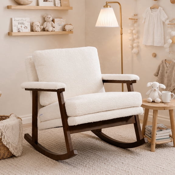 Paproos Rocking Chair, Paproos Velvet Upholstered Rocker Chair, Glider Rocker Accent Chair with Cushion, Rocking Chair for Nursery, Armchair Reading Chair for Living Room Bedroom, White