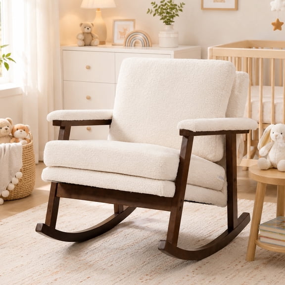 Rocking Chair, PAPROOS Teddy Upholstered Rocker Chair, Glider Rocker Accent Chair with Cushion, Rocking Chair for Nursery, Armchair Reading Chair for Living Room Bedroom, White