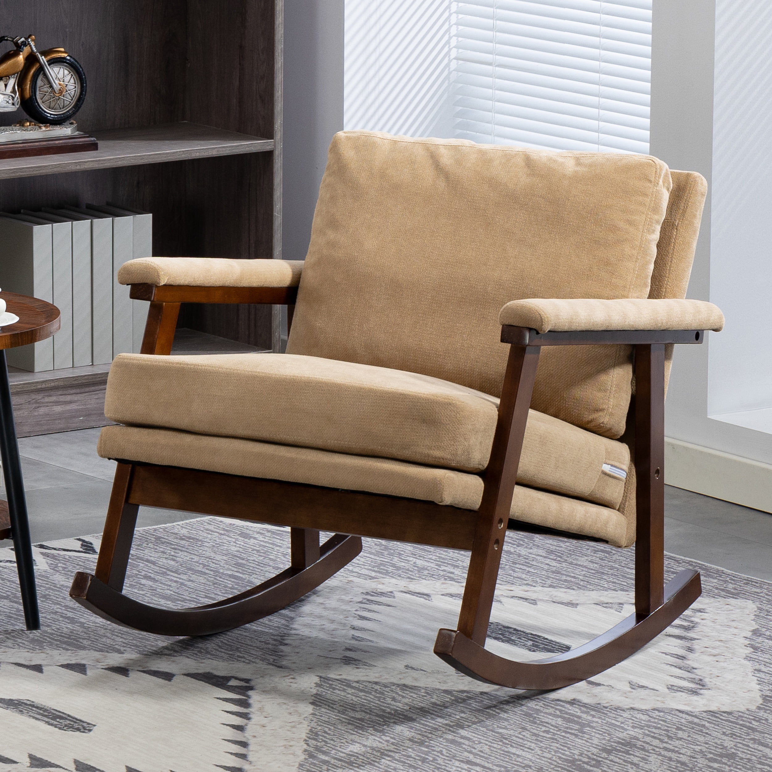 Paproos Rocking Chair, Paproos Velvet Upholstered Rocker Chair, Glider Rocker Accent Chair with Cushion, Rocking Chair for Nursery, Armchair Reading Chair for Living Room Bedroom, Khaki