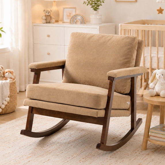 Paproos Rocking Chair, Paproos Velvet Upholstered Rocker Chair, Glider Rocker Accent Chair with Cushion, Rocking Chair for Nursery, Armchair Reading Chair for Living Room Bedroom, Khaki