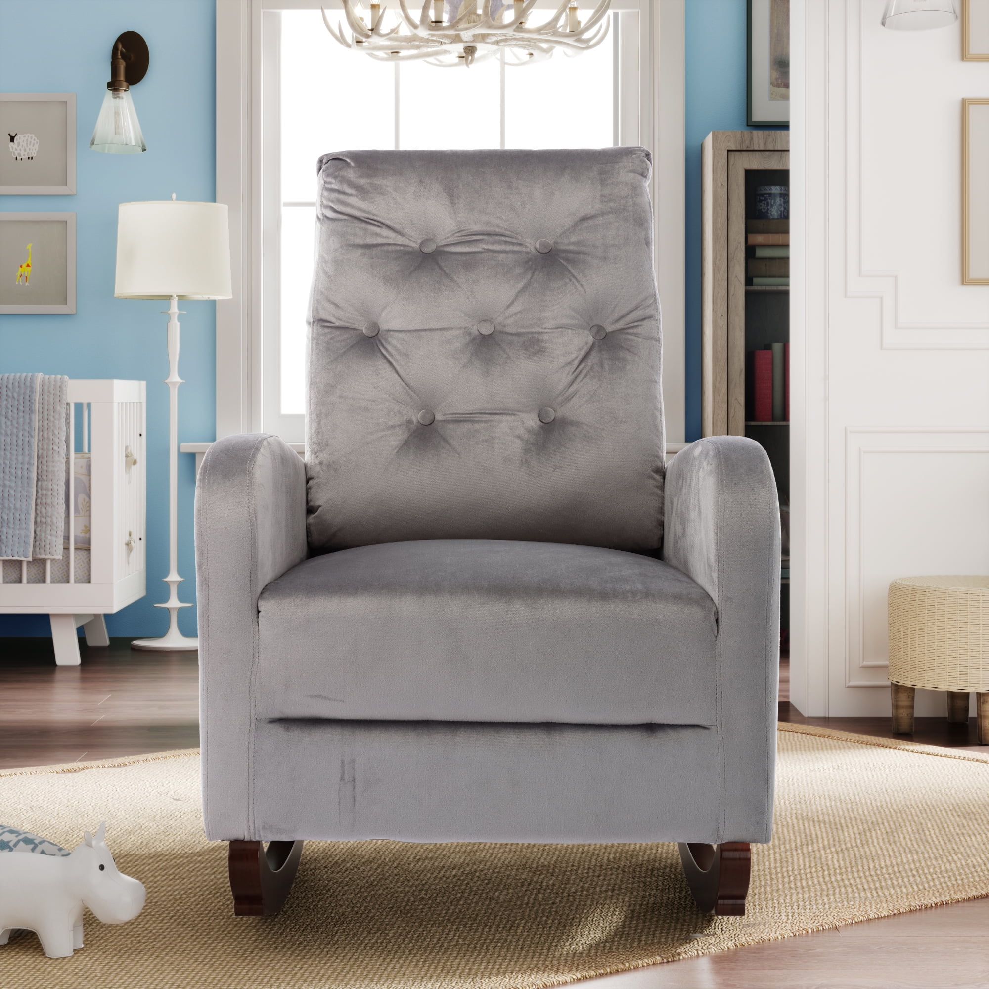 PAPROOS Nursery Chair Recliner, Velvet Upholstered Rocking Chair with