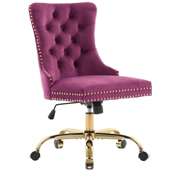 PAPROOS Vanity Chair, Swivel Home Office Chair, Ergonomic Home Desk Chair with Golden Metal Base, Adjustable Height, Velvet Upholstered Tufted Button Task Chair, Purple