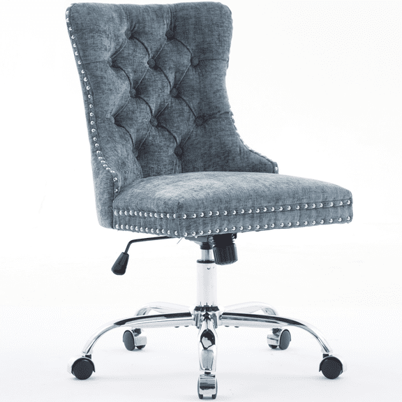 PAPROOS Vanity Chair, Swivel Home Office Chair, Ergonomic Home Desk Chair with Silver Metal Base, Adjustable Height, Chenille Upholstered Tufted Button Task Chair, Light Blue