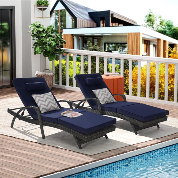 PAPROOS Outdoor Chaise Lounge Chair Set of 2, Rattan Patio Chaise Lounge Chair with Cushion and Arms, Modern 5-Positions Adjustable Outdoor Lounger Recliner for Poolside, Garden, Backyard, Dark Blue