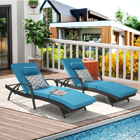 PAPROOS Outdoor Chaise Lounge Chair Set of 2, Rattan Patio Chaise Lounge Chair with Cushion and Arms, Modern 5-Positions Adjustable Outdoor Lounger Recliner for Poolside, Garden, Backyard, Light Blue
