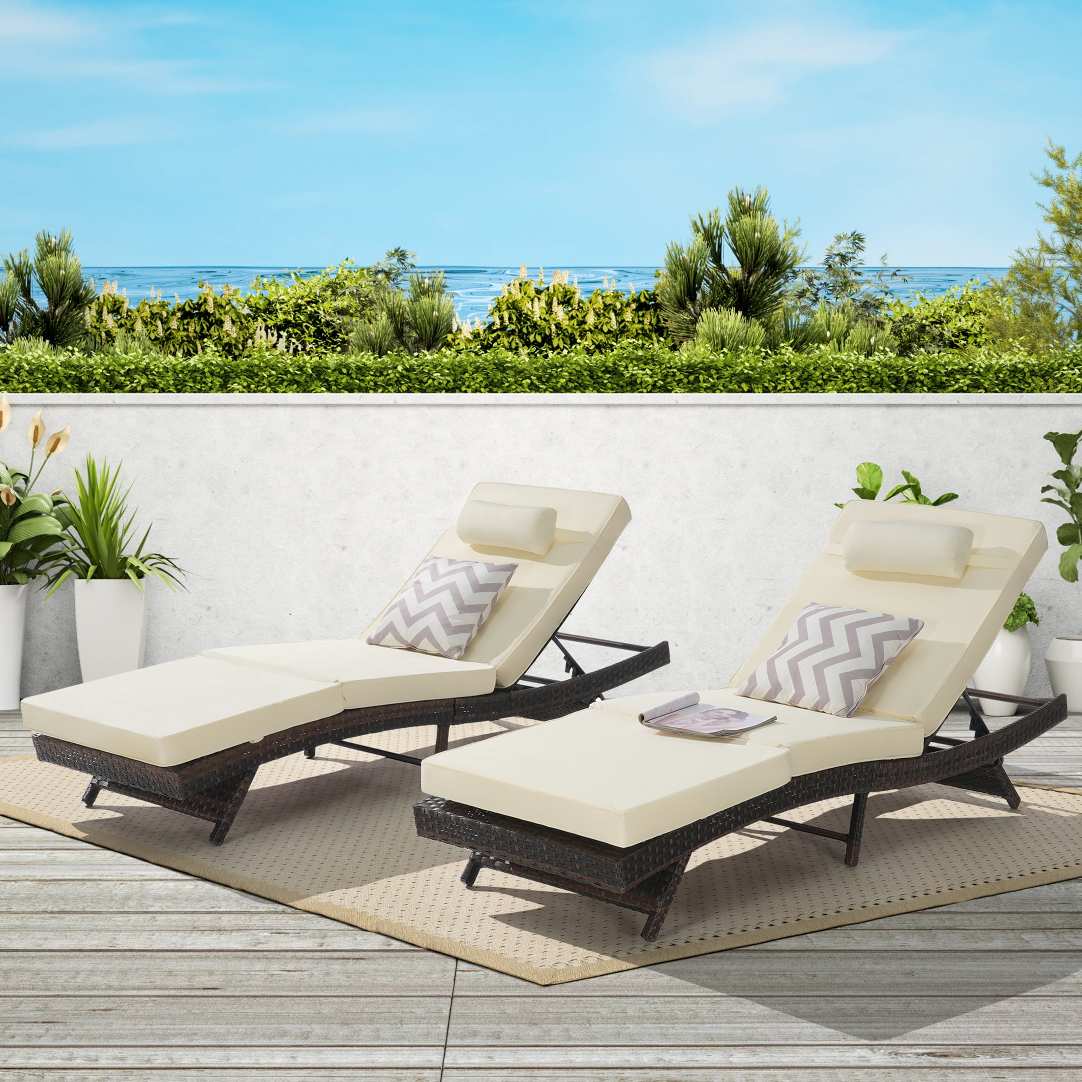 PAPROOS Outdoor Chaise Lounge Chair Set of 2, Wicker Outdoor Lounger ...
