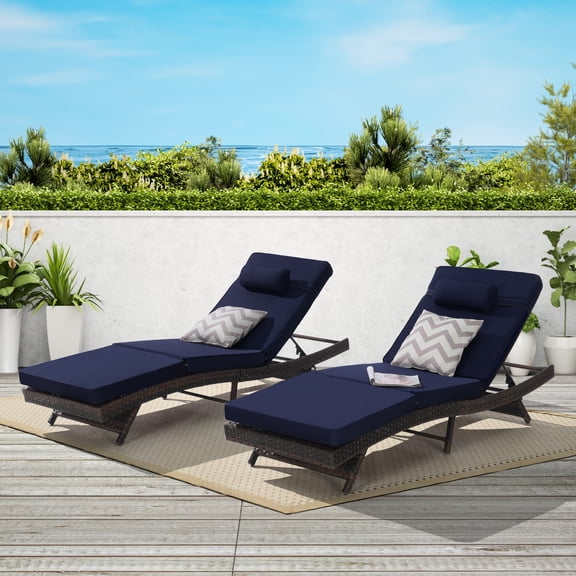 PAPROOS Outdoor Chaise Lounge Chair Set of 2, Wicker Outdoor Lounger Recliner with Cushions and 5-Level Adjustment Backrest, Modern Patio Lounge Chair for Poolside, Garden, Dark Blue