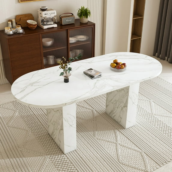 63inch Oval Dining Table for 4-6, Paproos Kitchen Table with Marble-Color Wood Waterproof Tabletop, Wooden Strip Base, Wood Dining Room Table for Office Dining Living Room, White(Only Table)