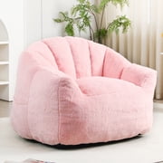 PAPROOS Oversized Bean Bag Chair for Adults, Pink Faux Fur Memory Foam Bean Bag Sofa, Pre-Filled Comfy Lazy Sofa Chair with Removable Cover for Living Room Bedroom Dorm