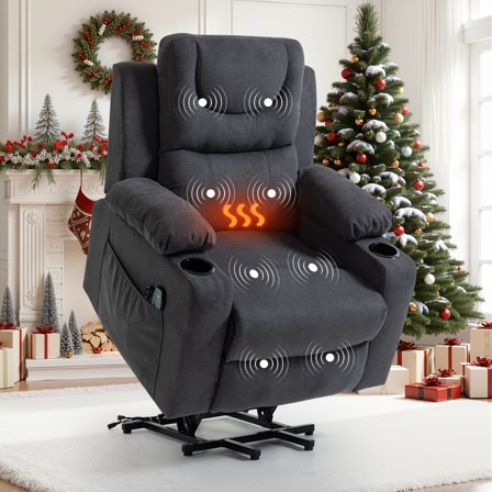 PAPROOS Power Lift Recliner Chair for Elderly with Vibration Massage and Lumbar Heating Electric Oversized Single Sofa with Cup Holder for Living Room, Grey